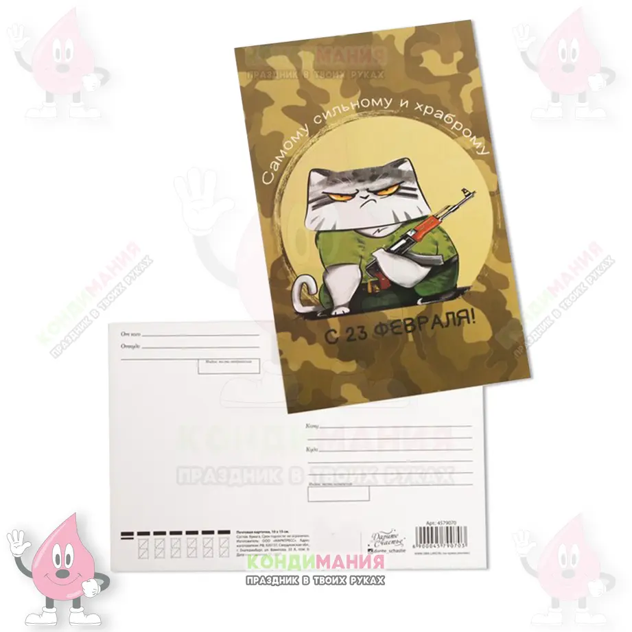 Мини открытка 23 февраля, кот, 10х15 см #1